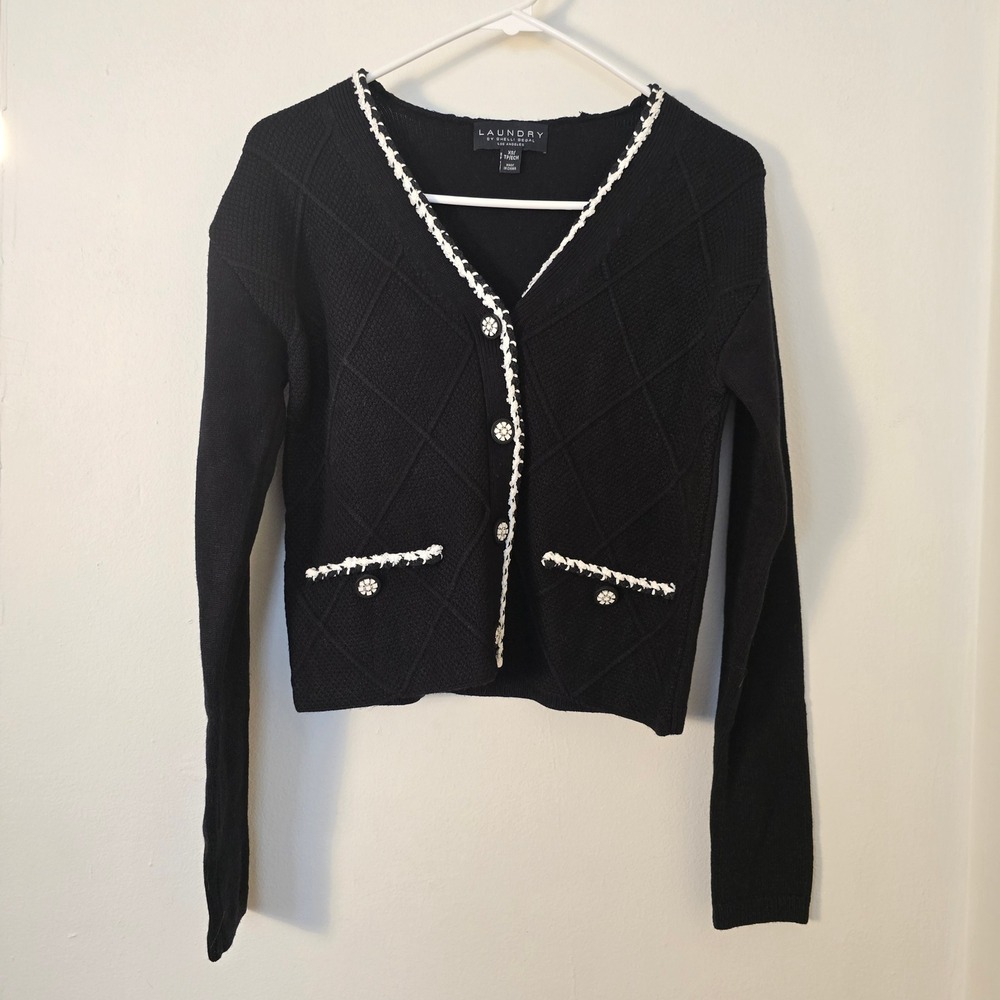 Laundry Sweater Shelli Segal Cardigan Black White Daisy Flower Button Womens XS